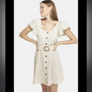 Cream Zara Linen Fit and Flare Dress With Belt